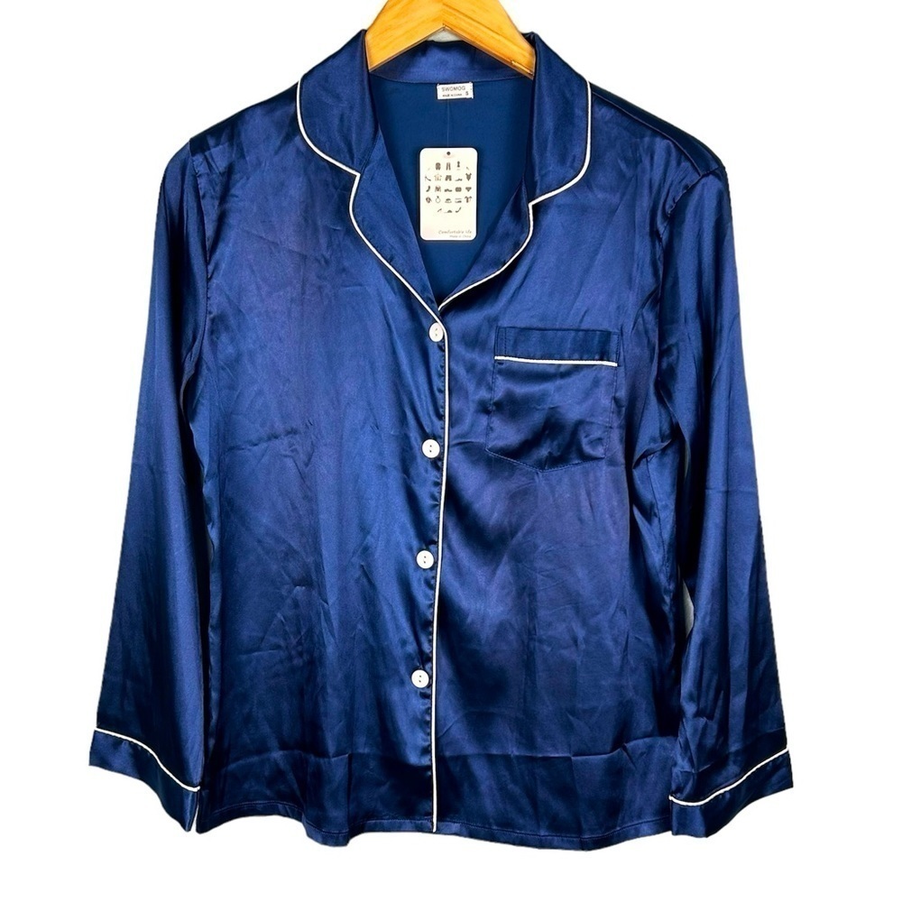 NWT Swomog Navy Blue Satin Button Up Pajama Top Size S